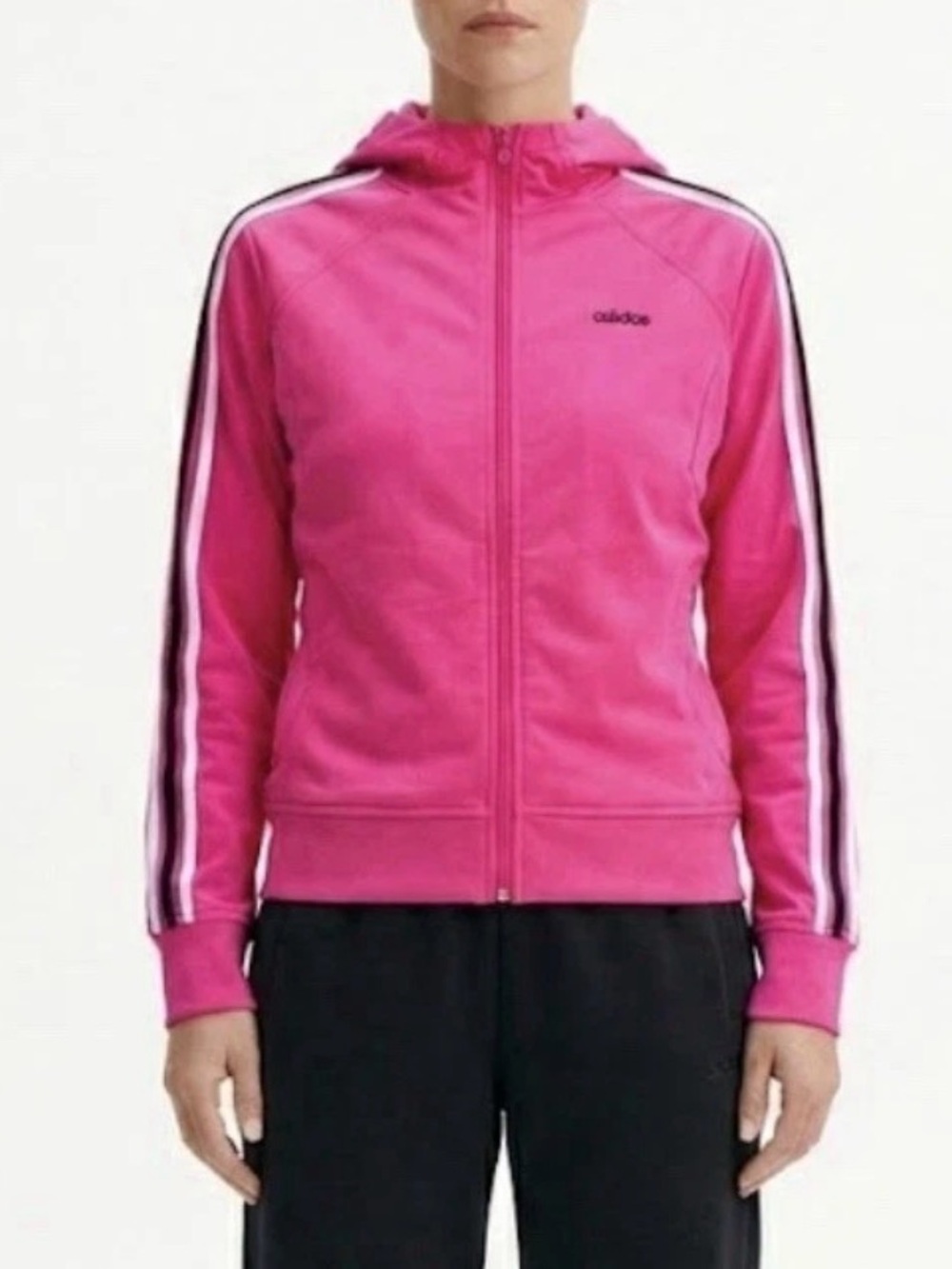 Vintage adidas Women's 3-stripe Hot Pink Hooded Track Jacket Y2K 2004 L